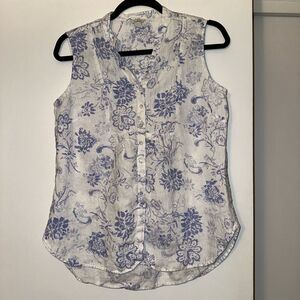 L.L. Bean Small Button Down Linen Sleeveless Tank Shirt White Blue Floral EUC